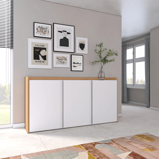 Aparador sala de jantar, Sala, Cozinha, Entrada, TV, 156x35x80cm, 3 Portas, Armário arrumação, Estilo moderno, Branco e Carvalho soft