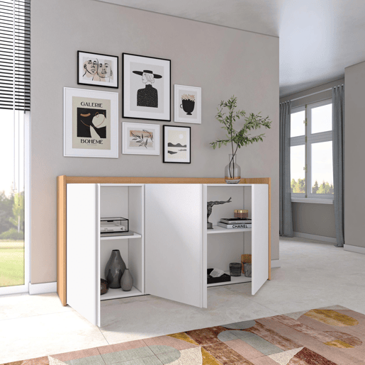 Aparador sala de jantar, Sala, Cozinha, Entrada, TV, 156x35x80cm, 3 Portas, Armário arrumação, Estilo moderno, Branco e Carvalho soft