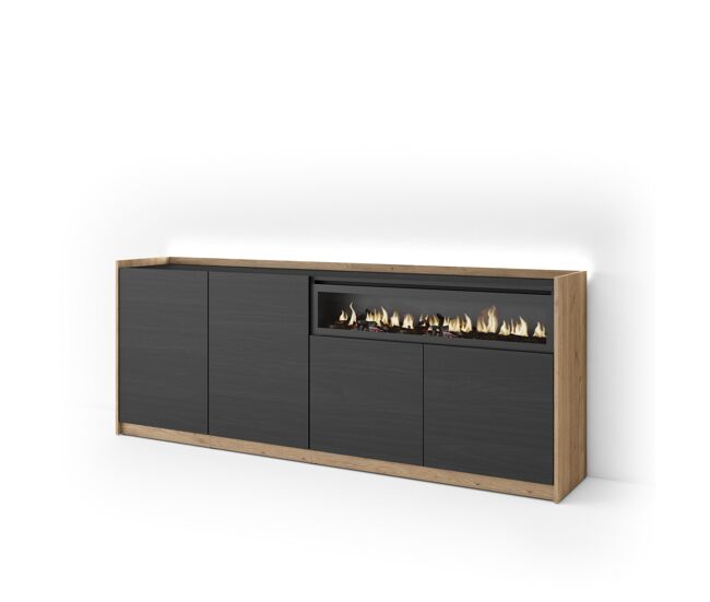 Aparador para salón, gran capacidad de almacenaje, 207x37x80cm, 4 puertas, chimenea eléctrica, led, estilo moderno, negro y roble