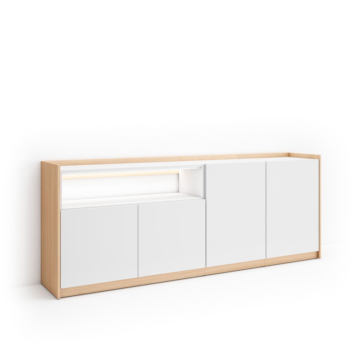Aparador para salón, gran capacidad de almacenaje, 207x37x80cm, 4 puertas, led, estilo moderno, blanco y roble soft