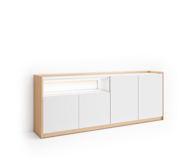 Aparador para salón, gran capacidad de almacenaje, 207x37x80cm, 4 puertas, led, estilo moderno, blanco y roble soft