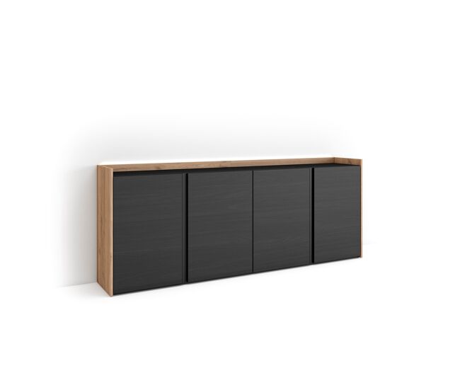 Aparador para salón, gran capacidad de almacenaje, 207x35x80cm, 4 puertas, led, estilo moderno, negro y roble