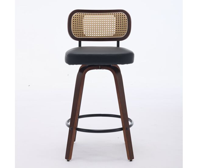 Taburetes de barra 3 unidades - 66 cm ratán con respaldo de caña, asiento tapizado, giratorios - negro