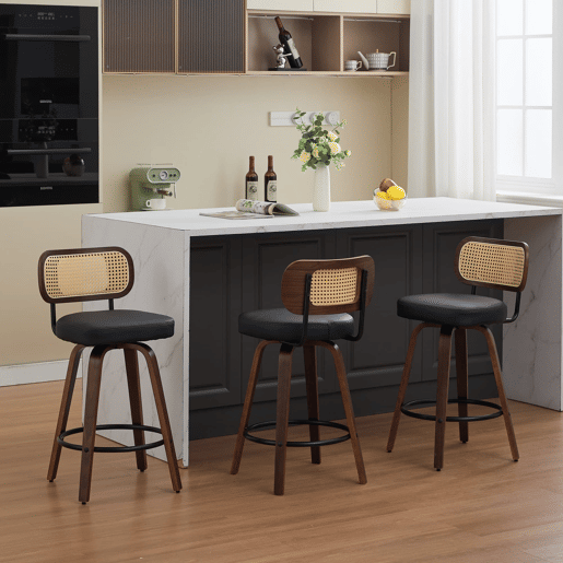3 bancos de bar - 66 cm em rattan com encosto em cana, assento estofado, giratórios - preto