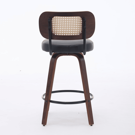 3 bancos de bar - 66 cm em rattan com encosto em cana, assento estofado, giratórios - preto