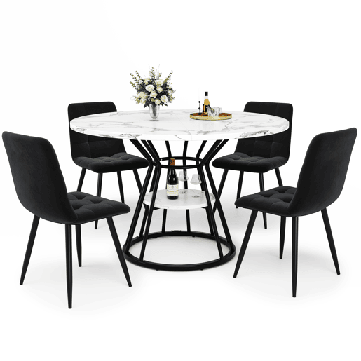 Conjunto de sala de jantar de 5 peças 100x100x76 cm - Mesa redonda com tampo em mármore + 4 cadeiras em veludo - Preto