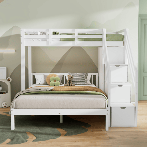 Cama beliche infantil + 90x200cm+140x200cm - Multifuncional com armário e escada de arrumação, grande espaço de arrumação - Branco