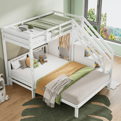 Cama beliche infantil + 90x200cm+140x200cm - Multifuncional com armário e escada de arrumação, grande espaço de arrumação - Branco