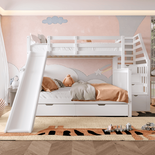 Cama beliche 90x200 sobre 140x200 - com gavetas, arrumação e escorregador - branco