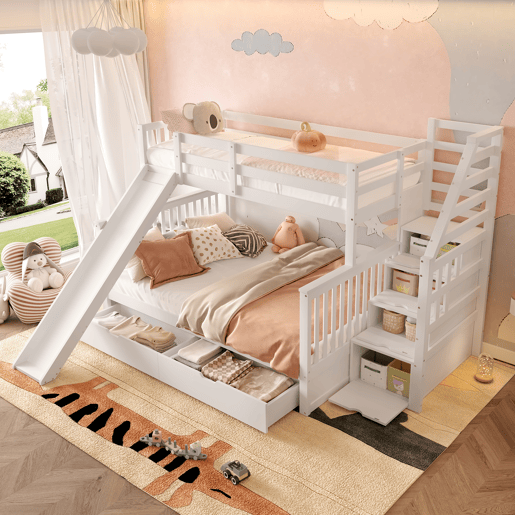 Cama beliche 90x200 sobre 140x200 - com gavetas, arrumação e escorregador - branco