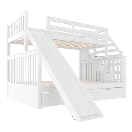 Cama beliche 90x200 sobre 140x200 - com gavetas, arrumação e escorregador - branco