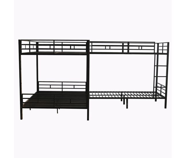Cama litera 90x200cm & 140x200cm - escalera de 3 peldaños, somier estable, estructura metálica - negra