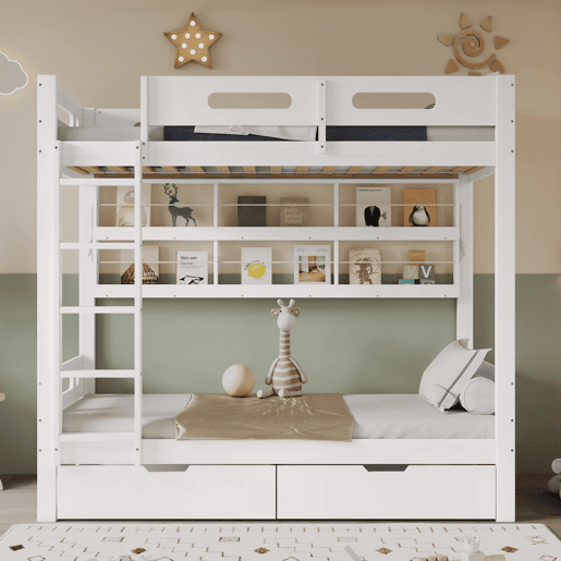 Cama beliche infantil 90x200 - com grade de segurança, 2 gavetas, estante aberta, escada de 5 degraus, grande espaço de armazenamento - Branco