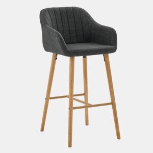 Bancos de bar 2 unidades - Estilo europeu, encosto alto, braços, assento em linho, pernas em madeira - Preto