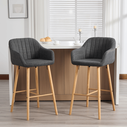 Bancos de bar 2 unidades - Estilo europeu, encosto alto, braços, assento em linho, pernas em madeira - Preto