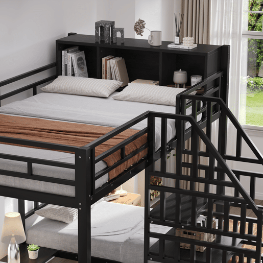 Beliche de ferro 90x200cm e 140x200cm - 3 lugares, escada com corrimãos, estrutura estável, cor preta