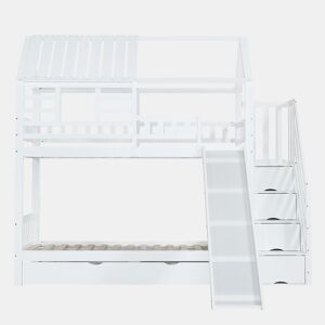 Beliche 90x200 - Casa com escada e escorregador, escada com arrumação, janela e teto, corrimão de segurança, gaveta - Branco