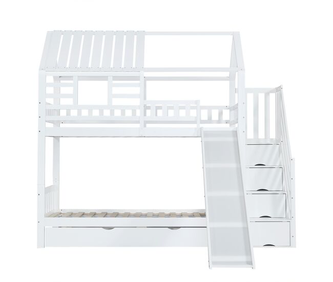 Cama litera 90x200 - casa con escalera y tobogán, escalera con almacenamiento, ventana y techo, barandilla de seguridad, cajón - blanco