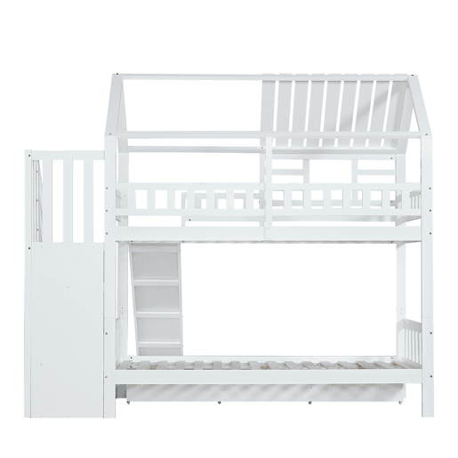 Beliche 90x200 - Casa com escada e escorregador, escada com arrumação, janela e teto, corrimão de segurança, gaveta - Branco