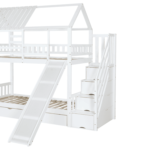 Beliche 90x200 - Casa com escada e escorregador, escada com arrumação, janela e teto, corrimão de segurança, gaveta - Branco