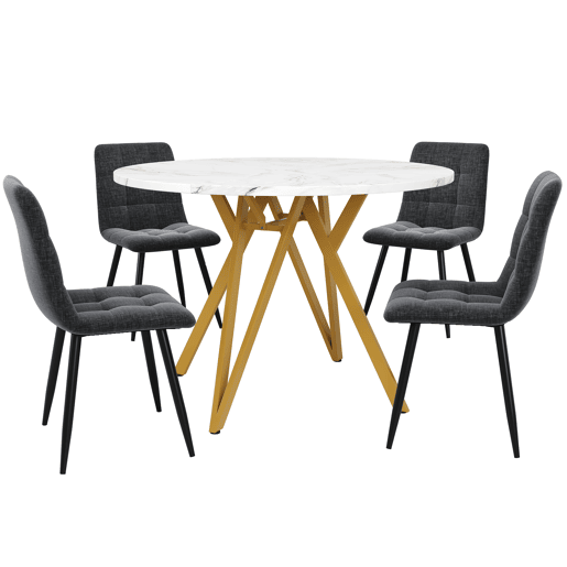 Conjunto de mesa e cadeiras 5 peças - Mesa redonda 100 cm, pernas metálicas douradas, cadeira cinzenta