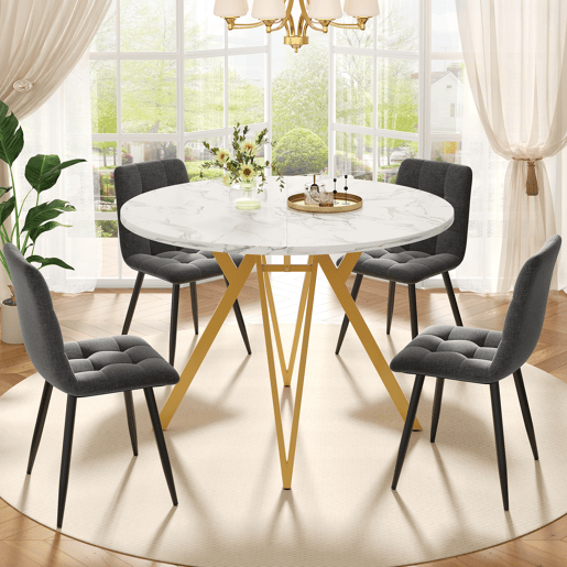 Conjunto de mesa e cadeiras 5 peças - Mesa redonda 100 cm, pernas metálicas douradas, cadeira cinzenta