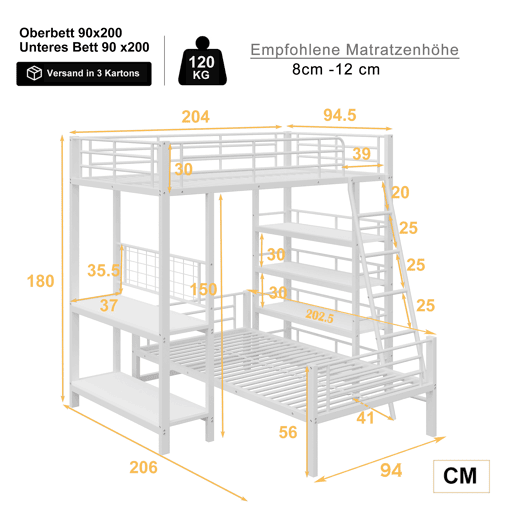 Litera metálica 90*200 - Cama multifuncional com prateleiras - Branca