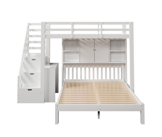 Cama litera + 90200cm+140200cm - multifuncional con estantería, escalera de almacenamiento y mesa auxiliar - blanco