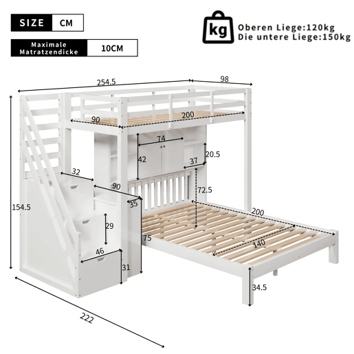 Beliche + 90200 cm + 140200 cm - multifuncional com estante, escada de armazenamento e mesa auxiliar - branco