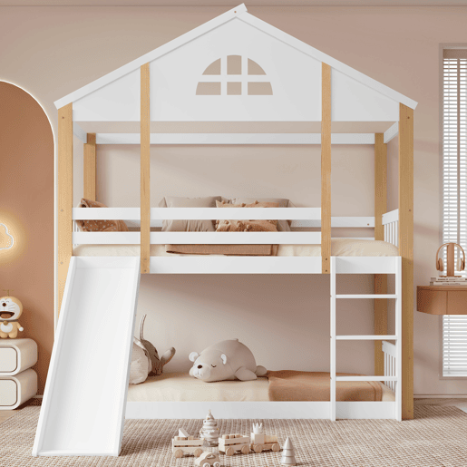 Beliche infantil 90x200 cm - com janelas, escorregador, escada angular e grades de segurança - Branco+Natural