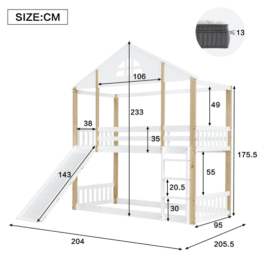 Beliche infantil 90x200 cm - com janelas, escorregador, escada angular e grades de segurança - Branco+Natural
