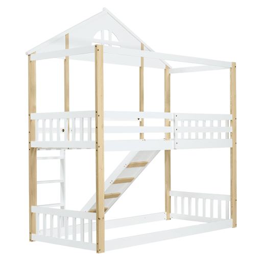 Beliche infantil 90x200 cm - com janelas, escorregador, escada angular e grades de segurança - Branco+Natural