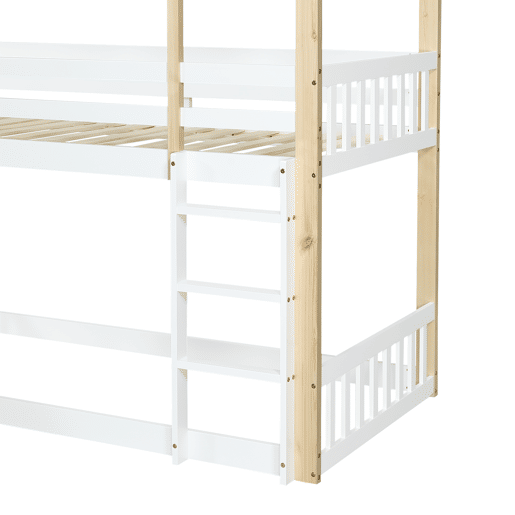 Beliche infantil 90x200 cm - com janelas, escorregador, escada angular e grades de segurança - Branco+Natural