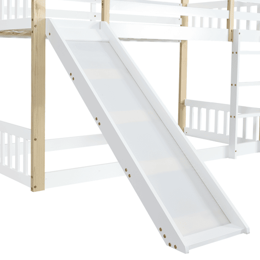 Beliche infantil 90x200 cm - com janelas, escorregador, escada angular e grades de segurança - Branco+Natural