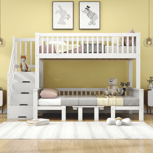 Beliche 90x200 cm e 120x200 cm - Mesa multifuncional ajustável, escada de armazenamento, corrimão de segurança, branco
