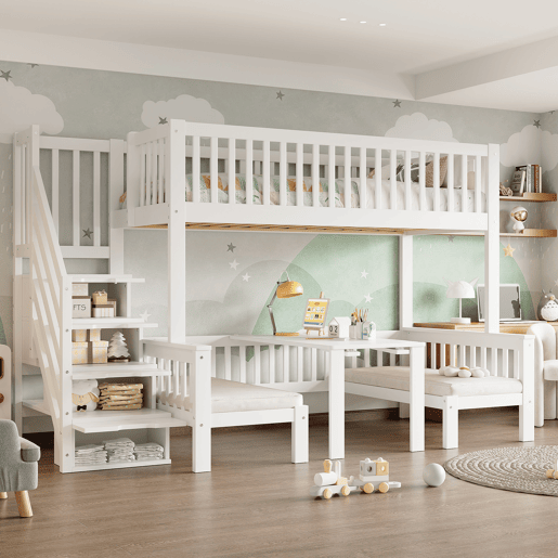 Beliche 90x200 cm e 120x200 cm - Mesa multifuncional ajustável, escada de armazenamento, corrimão de segurança, branco