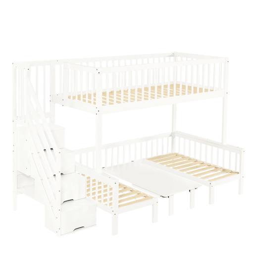 Beliche 90x200 cm e 120x200 cm - Mesa multifuncional ajustável, escada de armazenamento, corrimão de segurança, branco