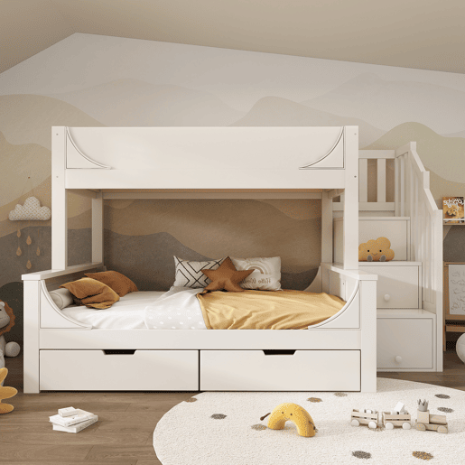Beliche 90x200cm & 140x200cm - Design elegante com escadas, proteção contra quedas, branco