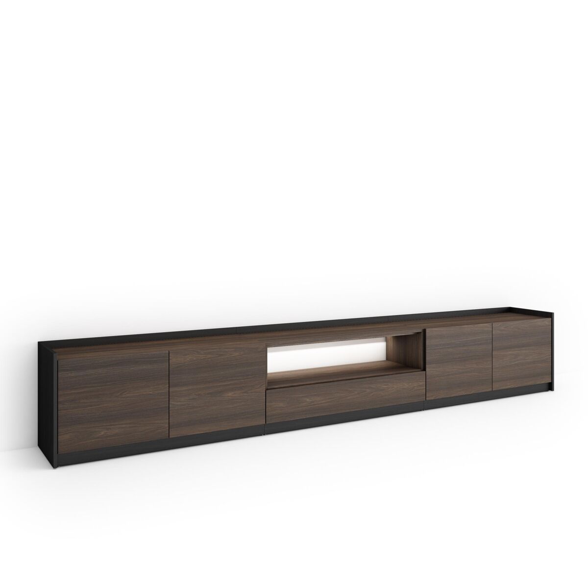 Mueble tv, televisión, muebles de salón, almacenaje, 310x37x50cm, para tv hasta 80", led, estilo moderno, roble oscuro y negro