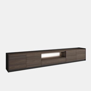 Móvel de TV, Muito espaço de arrumação, 310x37x50cm, Para televisores até 80, LED, Estilo moderno, Carvalho escuro e Preto