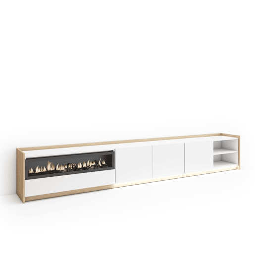 Móvel de TV, Muito espaço de arrumação, 310x37x50cm, Para televisores até 80, Lareira eléctrica, LED, Estilo moderno, Branco e Carvalho soft Móvel de TV, Muito espaço de arrumação, 310x37x50cm, Para televisores até 80, Lareira eléctrica, LED, Estilo moderno, Branco e Carvalho soft