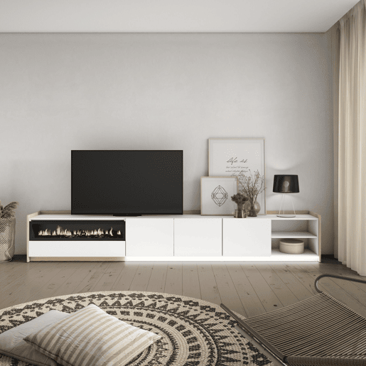 Móvel de TV, Muito espaço de arrumação, 310x37x50cm, Para televisores até 80, Lareira eléctrica, LED, Estilo moderno, Branco e Carvalho soft Móvel de TV, Muito espaço de arrumação, 310x37x50cm, Para televisores até 80, Lareira eléctrica, LED, Estilo moderno, Branco e Carvalho soft