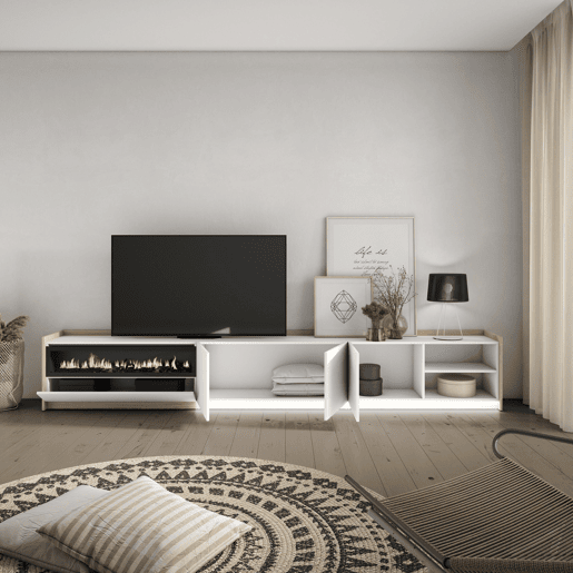 Móvel de TV, Muito espaço de arrumação, 310x37x50cm, Para televisores até 80, Lareira eléctrica, LED, Estilo moderno, Branco e Carvalho soft Móvel de TV, Muito espaço de arrumação, 310x37x50cm, Para televisores até 80, Lareira eléctrica, LED, Estilo moderno, Branco e Carvalho soft