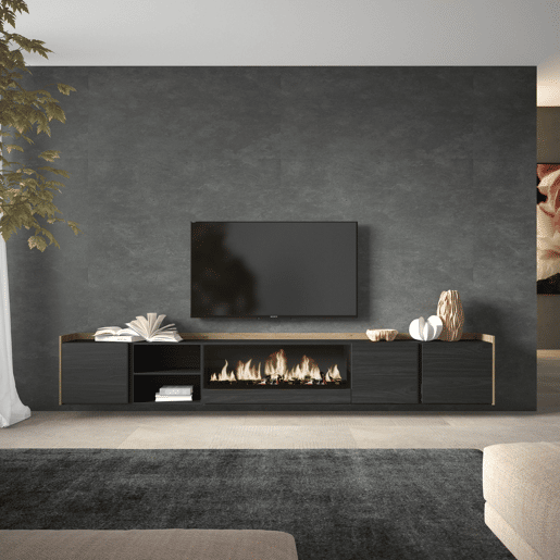 Móvel de TV, Muito espaço de arrumação, 315x35x50cm, Para televisores até 80, Lareira eléctrica XXL, Suspensos, Estilo moderno, Preto e Carvalho Móvel de TV, Muito espaço de arrumação, 315x35x50cm, Para televisores até 80, Lareira eléctrica XXL, Suspensos, Estilo moderno, Preto e Carvalho