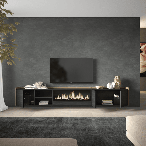 Móvel de TV, Muito espaço de arrumação, 315x35x50cm, Para televisores até 80, Lareira eléctrica XXL, Suspensos, Estilo moderno, Preto e Carvalho Móvel de TV, Muito espaço de arrumação, 315x35x50cm, Para televisores até 80, Lareira eléctrica XXL, Suspensos, Estilo moderno, Preto e Carvalho