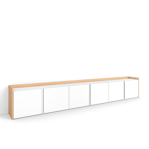 Móvel de TV, Muito espaço de arrumação, 309x35x50cm, Para televisores até 80, Estante para TV, Estilo moderno, Branco e Carvalho soft