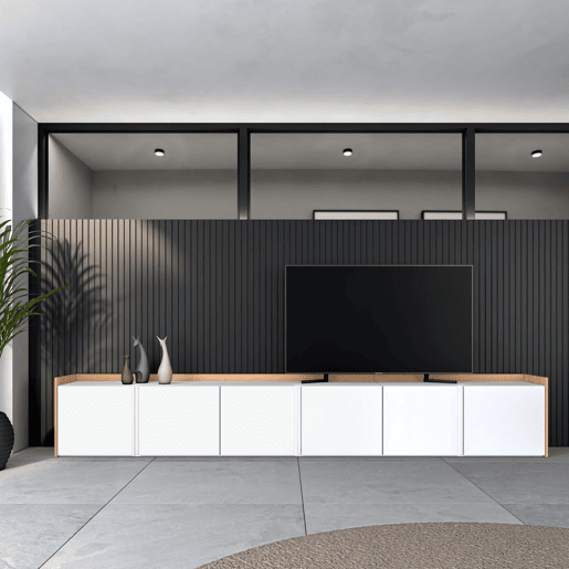 Móvel de TV, Muito espaço de arrumação, 309x35x50cm, Para televisores até 80, Estante para TV, Estilo moderno, Branco e Carvalho soft