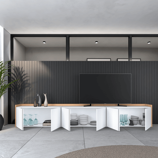 Móvel de TV, Muito espaço de arrumação, 309x35x50cm, Para televisores até 80, Estante para TV, Estilo moderno, Branco e Carvalho soft