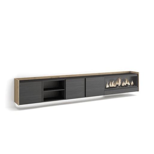 Móvel de TV, Muito espaço de arrumação, 315x35x50cm, Para televisores até 80, Lareira eléctrica XXL, Suspensos, LED, Estilo moderno, Preto e Carvalho