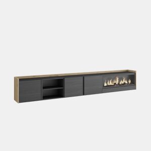 Móvel de TV, Muito espaço de arrumação, 315x35x50cm, Para televisores até 80, Lareira eléctrica XXL, Suspensos, LED, Estilo moderno, Preto e Carvalho